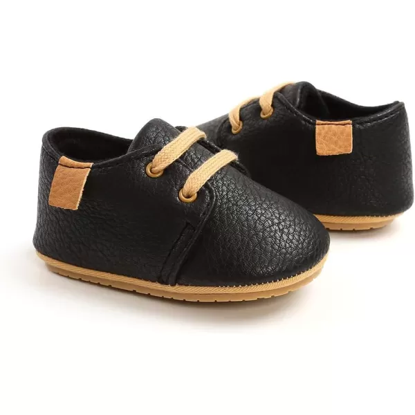 SOFMUO Baby Boys Girls Lace Up Leather Sneakers Soft Rubber Sole Infant Moccasins Newborn Oxford Loafers AntiSlip Toddler Wedding Uniform Dress ShoesABlack