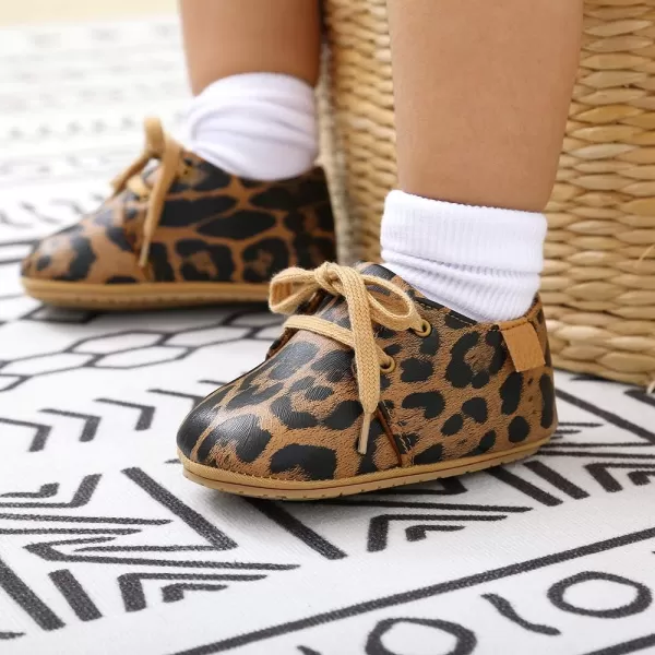 SOFMUO Baby Boys Girls Lace Up Leather Sneakers Soft Rubber Sole Infant Moccasins Newborn Oxford Loafers AntiSlip Toddler Wedding Uniform Dress ShoesALeopard