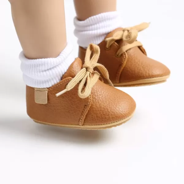 SOFMUO Baby Boys Girls Lace Up Leather Sneakers Soft Rubber Sole Infant Moccasins Newborn Oxford Loafers AntiSlip Toddler Wedding Uniform Dress ShoesABrown