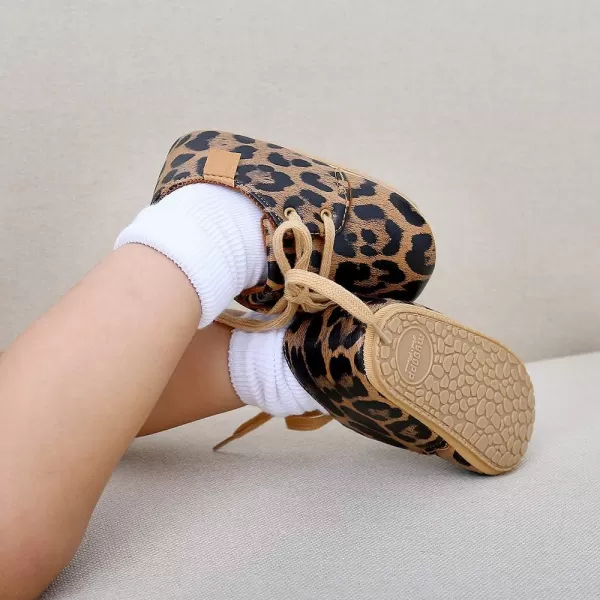 SOFMUO Baby Boys Girls Lace Up Leather Sneakers Soft Rubber Sole Infant Moccasins Newborn Oxford Loafers AntiSlip Toddler Wedding Uniform Dress ShoesALeopard