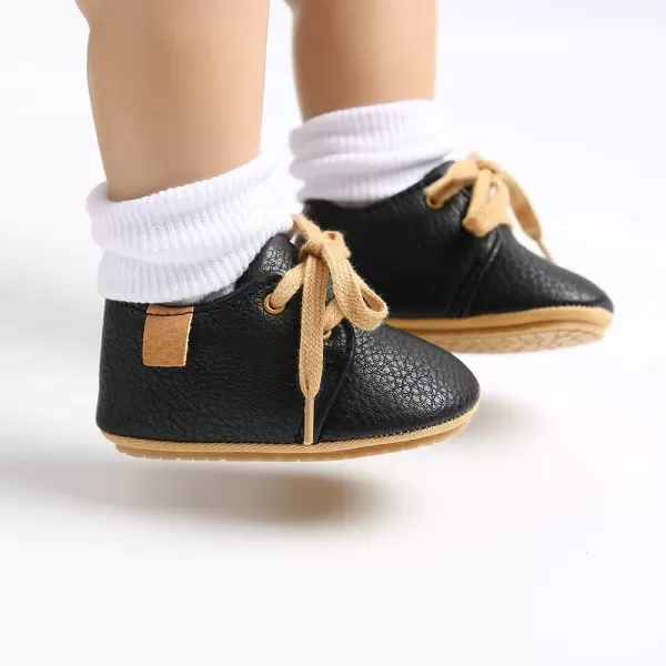 SOFMUO Baby Boys Girls Lace Up Leather Sneakers Soft Rubber Sole Infant Moccasins Newborn Oxford Loafers AntiSlip Toddler Wedding Uniform Dress ShoesABlack