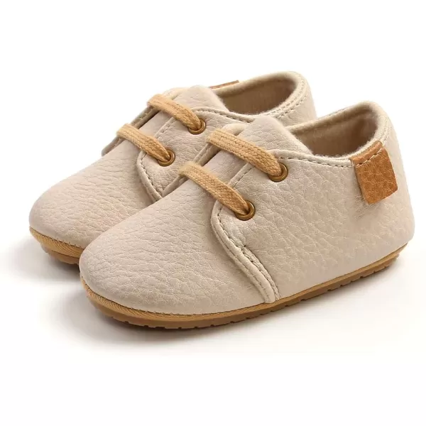 SOFMUO Baby Boys Girls Lace Up Leather Sneakers Soft Rubber Sole Infant Moccasins Newborn Oxford Loafers AntiSlip Toddler Wedding Uniform Dress ShoesABeige