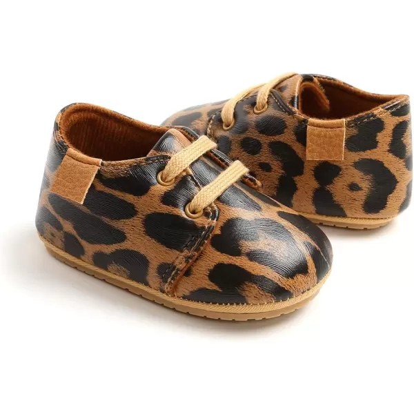SOFMUO Baby Boys Girls Lace Up Leather Sneakers Soft Rubber Sole Infant Moccasins Newborn Oxford Loafers AntiSlip Toddler Wedding Uniform Dress ShoesALeopard