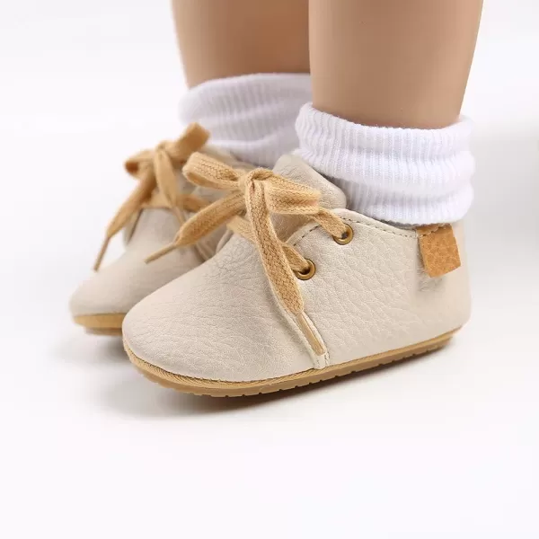 SOFMUO Baby Boys Girls Lace Up Leather Sneakers Soft Rubber Sole Infant Moccasins Newborn Oxford Loafers AntiSlip Toddler Wedding Uniform Dress ShoesABeige