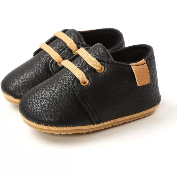 SOFMUO Baby Boys Girls Lace Up Leather Sneakers Soft Rubber Sole Infant Moccasins Newborn Oxford Loafers AntiSlip Toddler Wedding Uniform Dress ShoesABlack