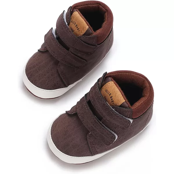 SOFMUO Baby Boys Girls Sneakers High Top Ankle PU Leather NonSlip Moccasins Soft Rubber Sole Infant Booties Toddler Uniform Dress ShoesA0Dark Brown