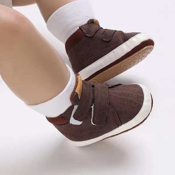 SOFMUO Baby Boys Girls Sneakers High Top Ankle PU Leather NonSlip Moccasins Soft Rubber Sole Infant Booties Toddler Uniform Dress ShoesA0Dark Brown