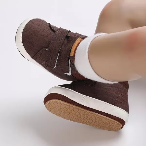 SOFMUO Baby Boys Girls Sneakers High Top Ankle PU Leather NonSlip Moccasins Soft Rubber Sole Infant Booties Toddler Uniform Dress ShoesA0Dark Brown