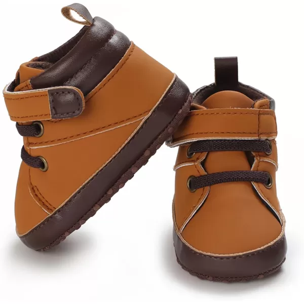 SOFMUO Baby Boys Girls Sneakers High Top Ankle PU Leather NonSlip Moccasins Soft Rubber Sole Infant Booties Toddler Uniform Dress ShoesA3Pu Light Brown
