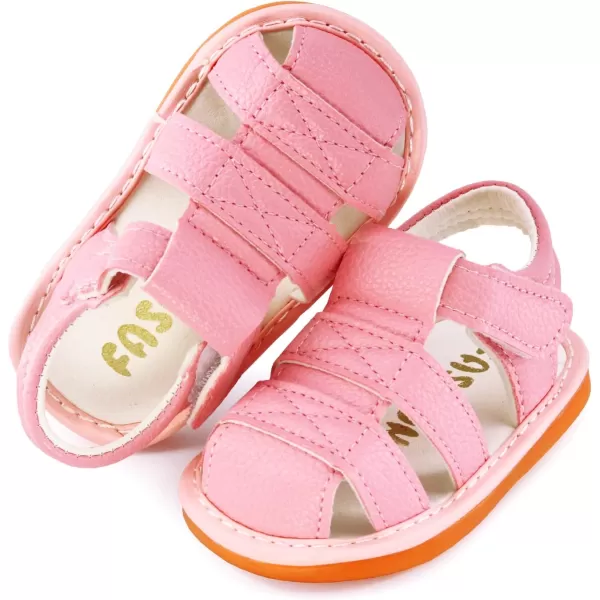 SOFMUO Baby Boys Girls Squeaky Sandals NonSlip Soft Rubber Sole Closed Toe Infant Summer Outdoor Shoes Toddler First WalkersAPink
