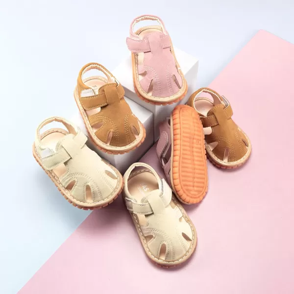 SOFMUO Baby Boys Girls Squeaky Sandals NonSlip Soft Rubber Sole Closed Toe Infant Summer Outdoor Shoes Toddler First WalkersBBrown