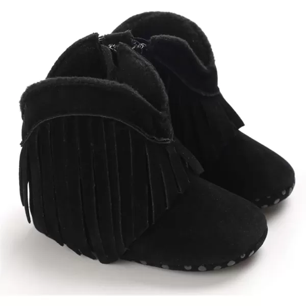 SOFMUO Baby Girls Cowboy Tassel Boots with Side Zipper Moccasins Non Slip Infant Booties Suede Toddler First Walker ShoesBlack
