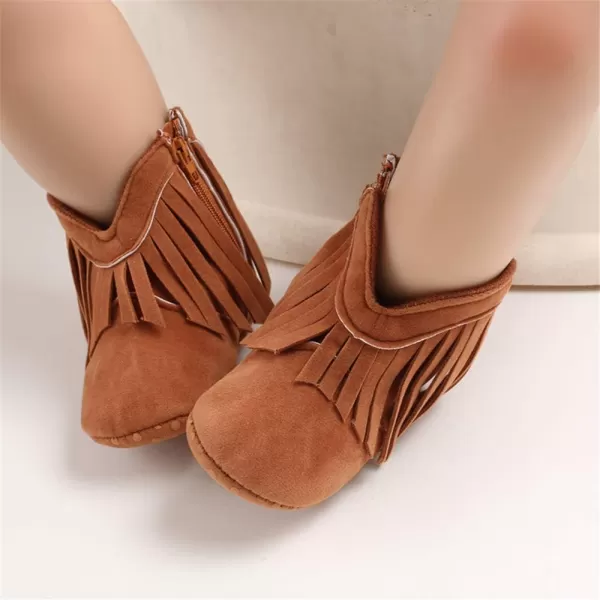 SOFMUO Baby Girls Cowboy Tassel Boots with Side Zipper Moccasins Non Slip Infant Booties Suede Toddler First Walker ShoesBrown