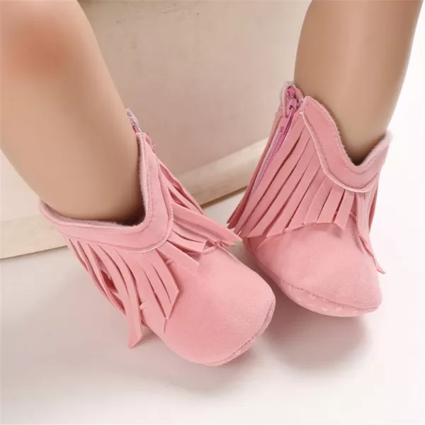 SOFMUO Baby Girls Cowboy Tassel Boots with Side Zipper Moccasins Non Slip Infant Booties Suede Toddler First Walker ShoesPink