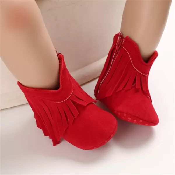 SOFMUO Baby Girls Cowboy Tassel Boots with Side Zipper Moccasins Non Slip Infant Booties Suede Toddler First Walker ShoesRed