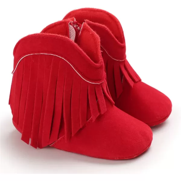 SOFMUO Baby Girls Cowboy Tassel Boots with Side Zipper Moccasins Non Slip Infant Booties Suede Toddler First Walker ShoesRed