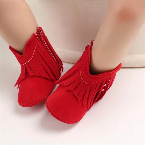 SOFMUO Baby Girls Cowboy Tassel Boots with Side Zipper Moccasins Non Slip Infant Booties Suede Toddler First Walker ShoesRed