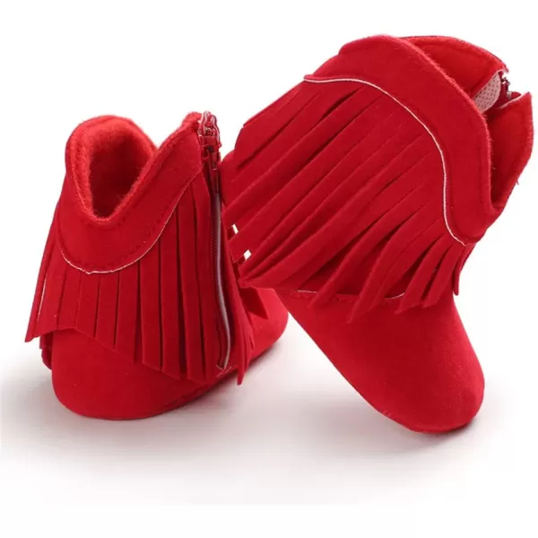 SOFMUO Baby Girls Cowboy Tassel Boots with Side Zipper Moccasins Non Slip Infant Booties Suede Toddler First Walker ShoesRed
