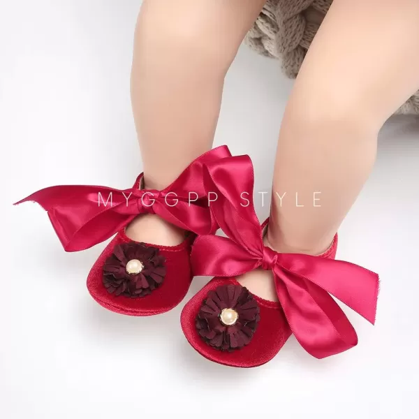 SOFMUO Baby Girls Mary Jane Flats Infant NonSlip Bowknot Ballet Slippers Newborn Princess Dress Wedding Shoes Toddler First WalkersBRed