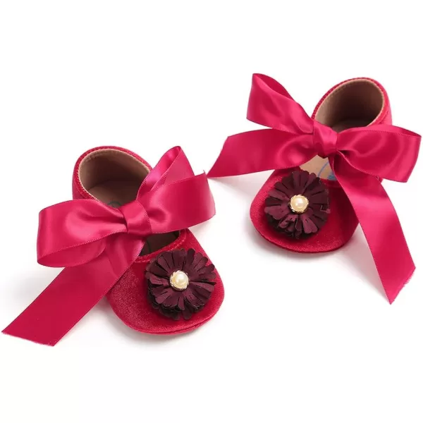 SOFMUO Baby Girls Mary Jane Flats Infant NonSlip Bowknot Ballet Slippers Newborn Princess Dress Wedding Shoes Toddler First WalkersBRed