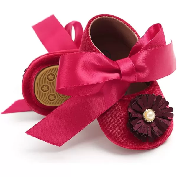 SOFMUO Baby Girls Mary Jane Flats Infant NonSlip Bowknot Ballet Slippers Newborn Princess Dress Wedding Shoes Toddler First WalkersBRed