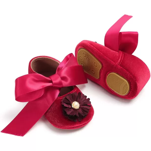 SOFMUO Baby Girls Mary Jane Flats Infant NonSlip Bowknot Ballet Slippers Newborn Princess Dress Wedding Shoes Toddler First WalkersBRed