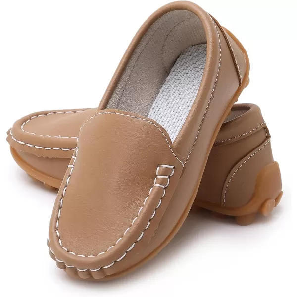 SOFMUO Boys Girls Leather Loafers SlipOn Oxford Flats Boat Dress Schooling Daily Walking ShoesToddlerLittle KidsDark Khaki