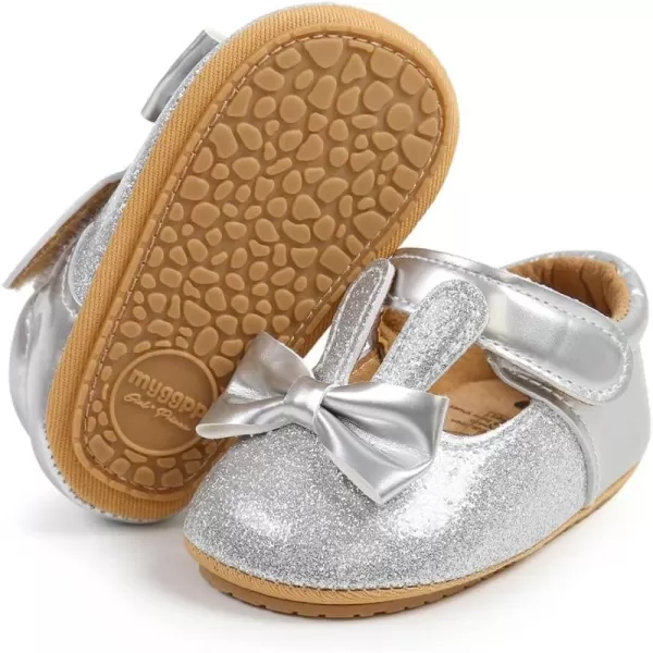 Antheron Baby Girls Mary Jane Flats Soft Sole Infant Moccasins Floral Sparkly Toddler Princess Dress ShoesA00Silver
