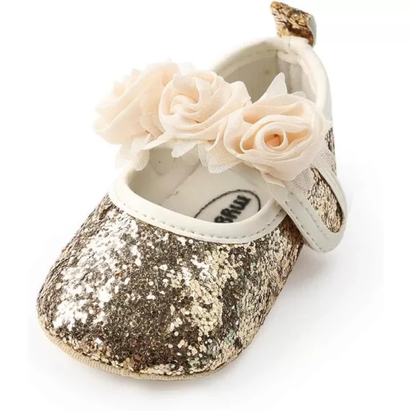 Antheron Baby Girls Mary Jane Flats Soft Sole Infant Moccasins Floral Sparkly Toddler Princess Dress ShoesAGold