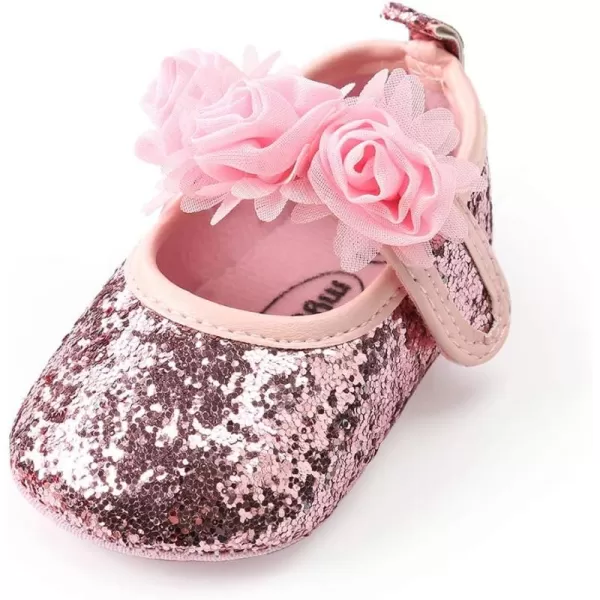 Antheron Baby Girls Mary Jane Flats Soft Sole Infant Moccasins Floral Sparkly Toddler Princess Dress ShoesAPink