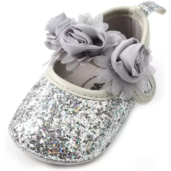 Antheron Baby Girls Mary Jane Flats Soft Sole Infant Moccasins Floral Sparkly Toddler Princess Dress ShoesASilver