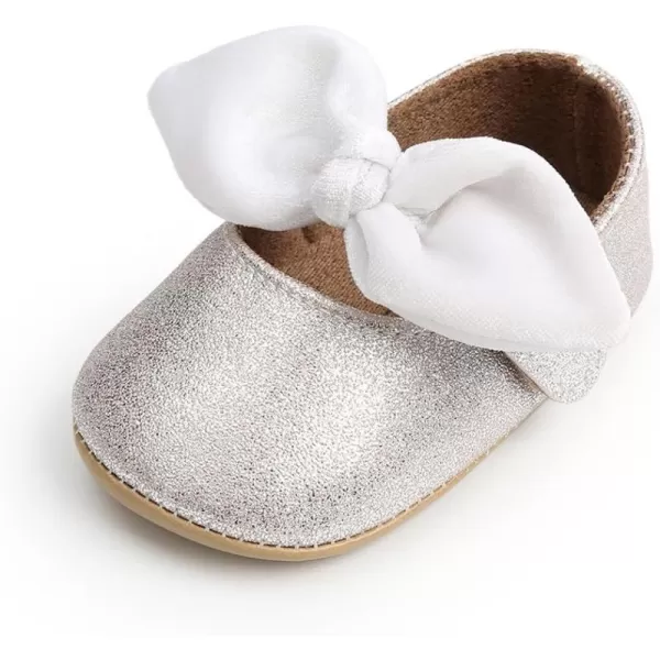 Antheron Baby Girls Mary Jane Flats with Bowknot NonSlip Toddler First Walkers Princess Dress ShoesASilvery White