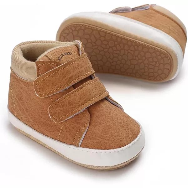 SOFMUO Baby Boys Girls Sneakers High Top Ankle PU Leather NonSlip Moccasins Soft Rubber Sole Infant Booties Toddler Uniform Dress ShoesA0Brown
