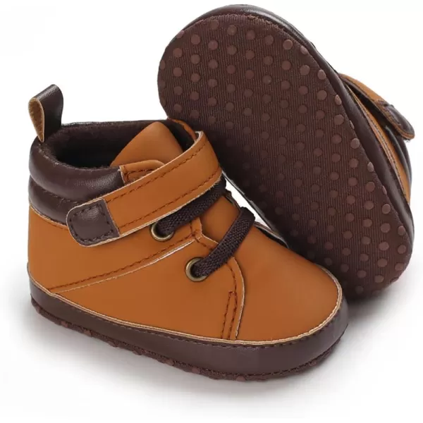 SOFMUO Baby Boys Girls Sneakers High Top Ankle PU Leather NonSlip Moccasins Soft Rubber Sole Infant Booties Toddler Uniform Dress ShoesA3Pu Light Brown
