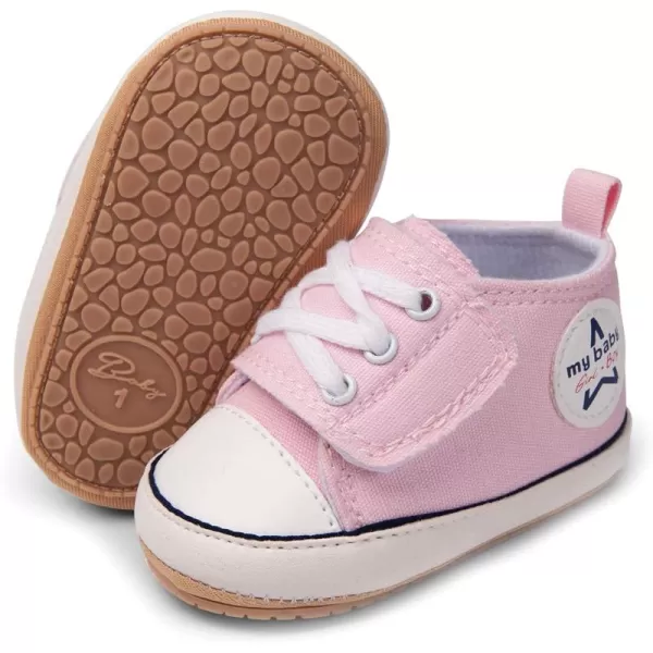 SOFMUO Baby Boys Girls Sneakers High Top Ankle PU Leather NonSlip Moccasins Soft Rubber Sole Infant Booties Toddler Uniform Dress ShoesDPink