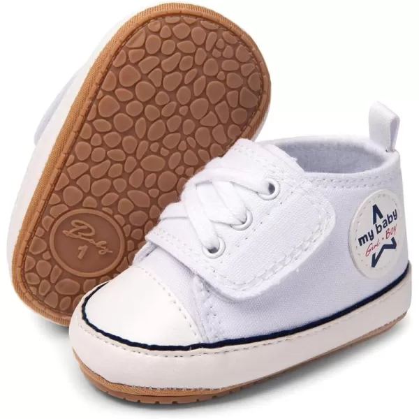 SOFMUO Baby Boys Girls Sneakers High Top Ankle PU Leather NonSlip Moccasins Soft Rubber Sole Infant Booties Toddler Uniform Dress ShoesDWhite
