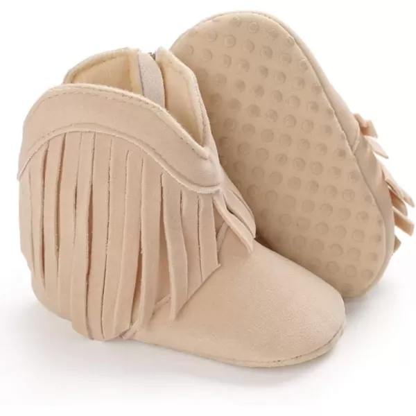 SOFMUO Baby Girls Cowboy Tassel Boots with Side Zipper Moccasins Non Slip Infant Booties Suede Toddler First Walker ShoesBeige