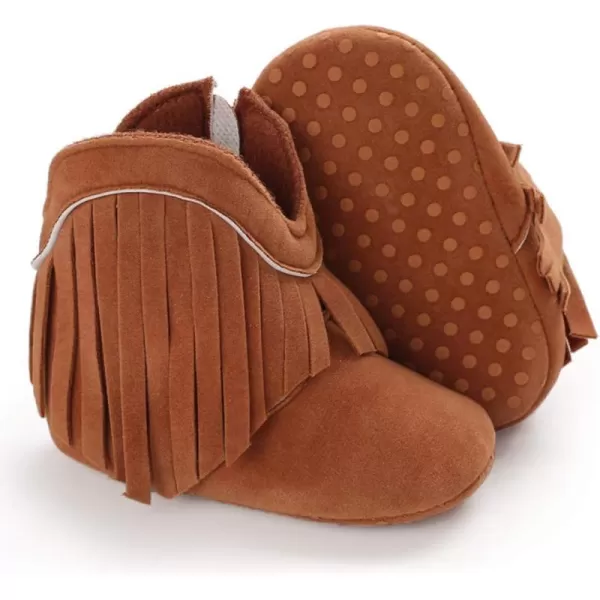 SOFMUO Baby Girls Cowboy Tassel Boots with Side Zipper Moccasins Non Slip Infant Booties Suede Toddler First Walker ShoesBrown