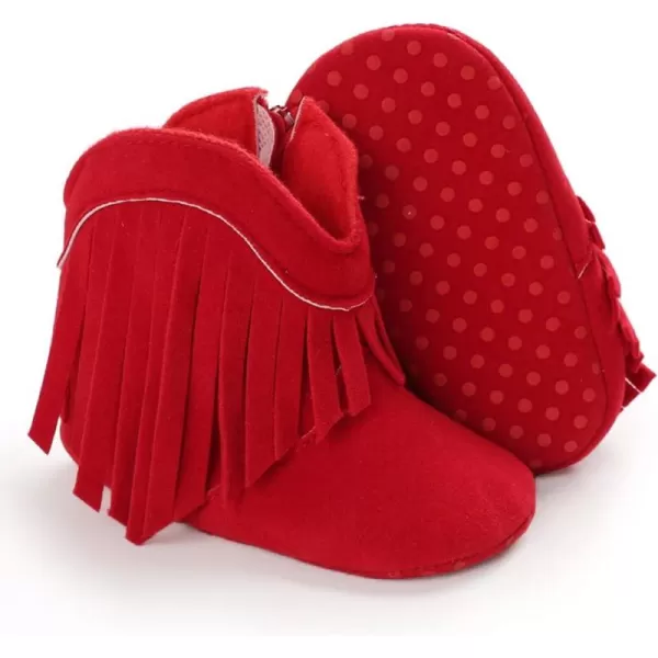 SOFMUO Baby Girls Cowboy Tassel Boots with Side Zipper Moccasins Non Slip Infant Booties Suede Toddler First Walker ShoesRed