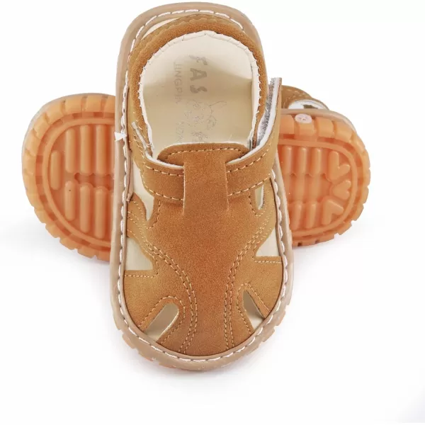 SOFMUO Baby Boys Girls Squeaky Sandals NonSlip Soft Rubber Sole Closed Toe Infant Summer Outdoor Shoes Toddler First WalkersBBrown