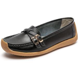 imageWomens Comfort Leather Loafers Casual Wild Driving Flats AntiCollision Moccasins Soft Daily Walking ShoesABlack
