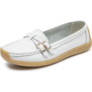 imageWomens Comfort Leather Loafers Casual Wild Driving Flats AntiCollision Moccasins Soft Daily Walking ShoesAWhite