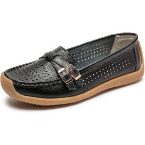 imageWomens Comfort Leather Loafers Casual Wild Driving Flats AntiCollision Moccasins Soft Daily Walking ShoesBBlack