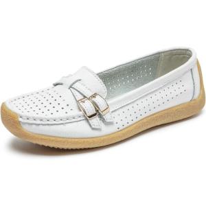 imageWomens Comfort Leather Loafers Casual Wild Driving Flats AntiCollision Moccasins Soft Daily Walking ShoesBWhite
