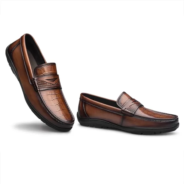Mens CrocodileEmbossed Penny Loafers  Comfortable Wide Fit Genuine Leather N33586 23 WinterBrown