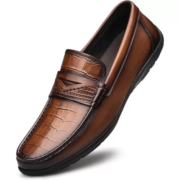 Mens CrocodileEmbossed Penny Loafers  Comfortable Wide Fit Genuine Leather N33586 23 WinterBrown