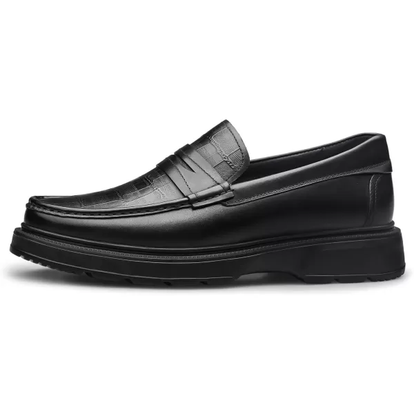 Mens CrocodileEmbossed Penny Loafers  Elevated Thick Sole Genuine Leather D33399 23 WinterBlack