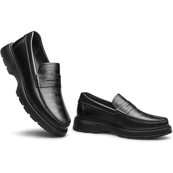 Mens CrocodileEmbossed Penny Loafers  Elevated Thick Sole Genuine Leather D33399 23 WinterBlack