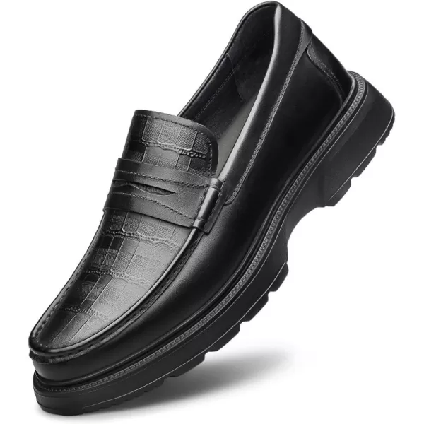 Mens CrocodileEmbossed Penny Loafers  Elevated Thick Sole Genuine Leather D33399 23 WinterBlack