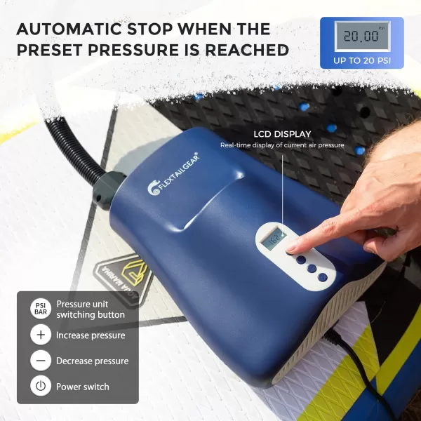FLEXTAILGEAR 20PSI SUP Electric Air Pump 12V Dual Stage Inflation ampamp Deflation with Digital Display for Stand Up Paddle Board Kayak boats Yoga ball Inflatable Tent Inflatable Accessories